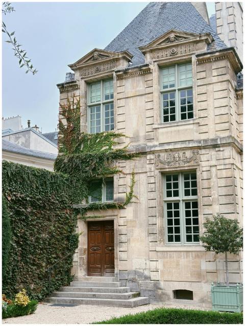 Elegant historic building facade covered with ivy