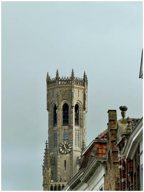 View of the medieval Belfry of Bruges tower with c