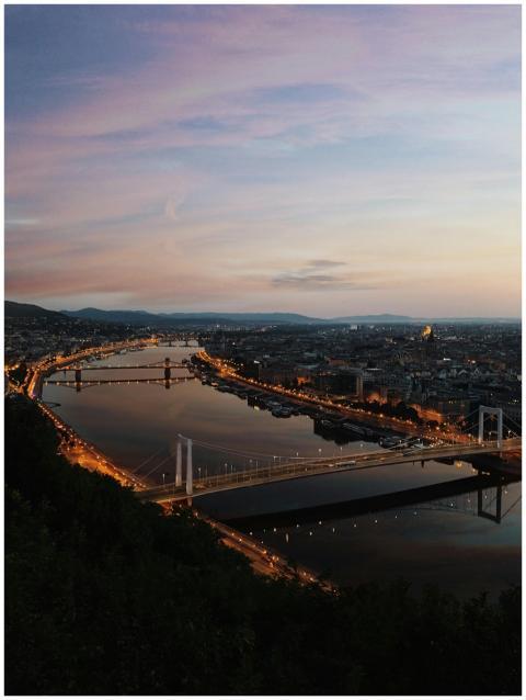 Captivating aerial view of Budapest at dusk featur
