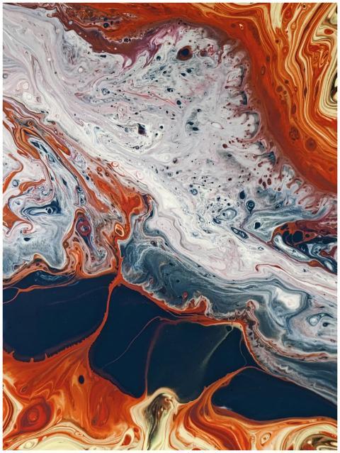 Vibrant abstract painting featuring bold swirls an