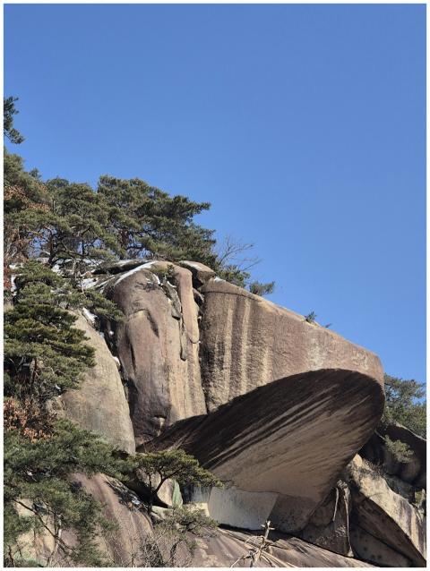 Massive rock formation with trees under a bright b