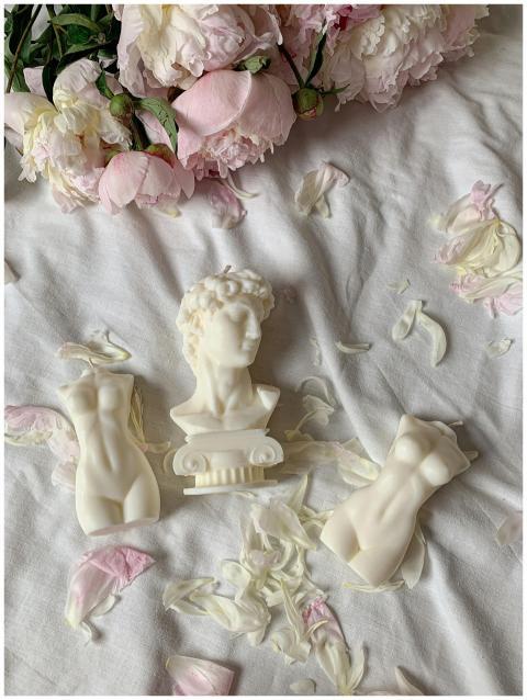 Classical sculptures surrounded by pink peony peta