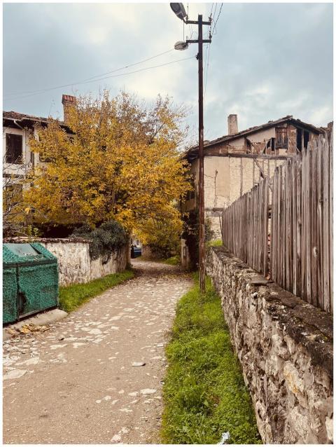 Quaint village path during autumn, showcasing rust