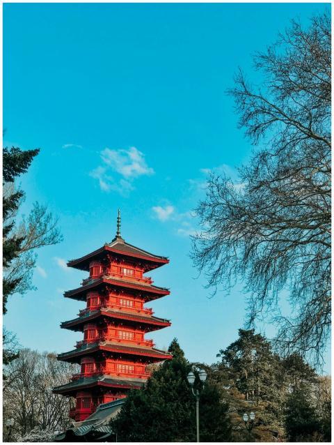 Captivating view of a red pagoda surrounded by tre
