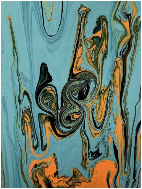 Dynamic abstract painting with swirling blue and o