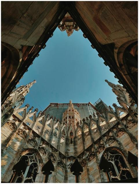 Low angle view of a gothic cathedral's exterior wi