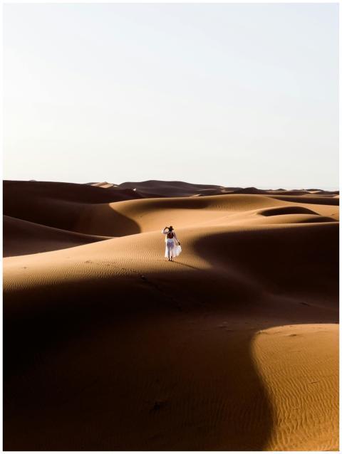 A lone figure walks across vast, sunlit sand dunes