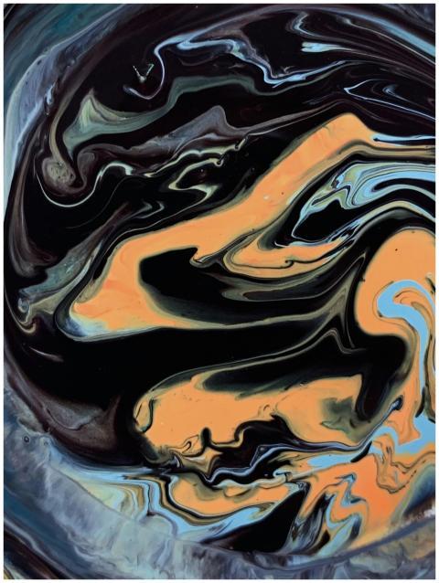 Dynamic abstract fluid art featuring swirling colo