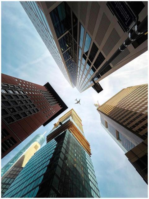 A dramatic worm's eye view of Frankfurt's modern s