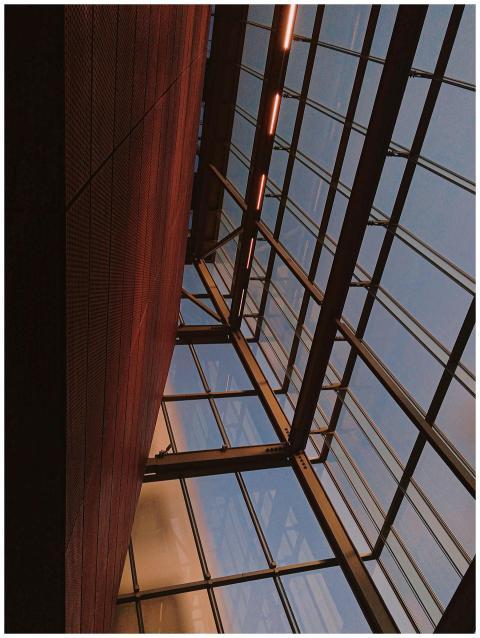 Low-angle view of a modern building interior showc