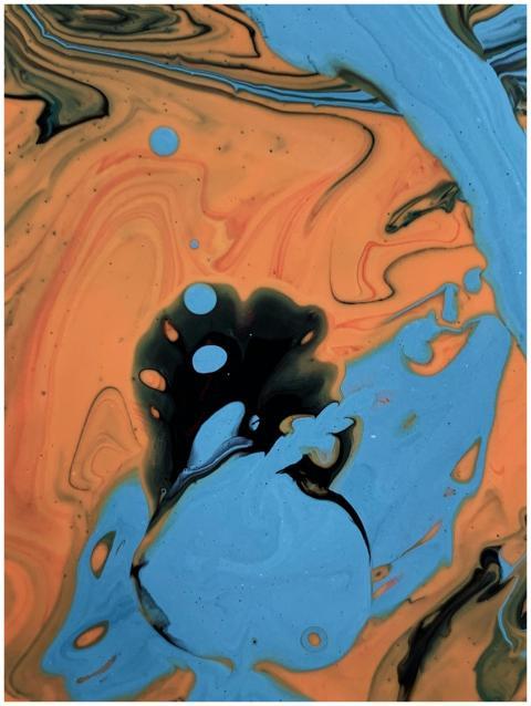 Dynamic fluid art with blue and orange acrylics, s