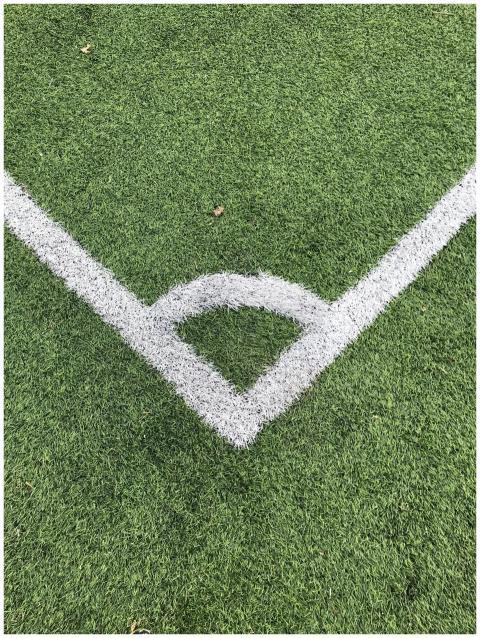 Detailed close-up of a white corner line on a gree