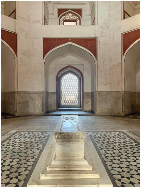 The interior of Humayun's Tomb featuring intricate