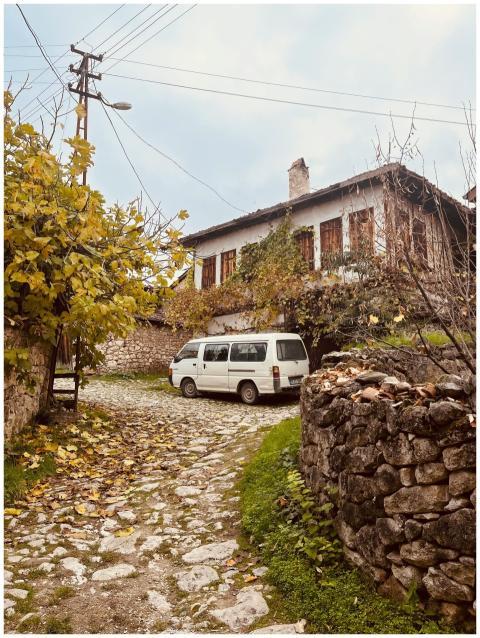 Picturesque village scene with vintage van in autu