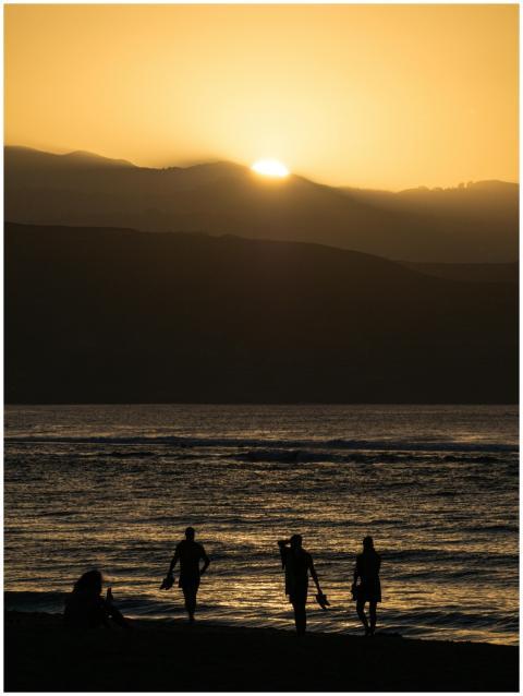 Silhouettes of people walking along the beach with