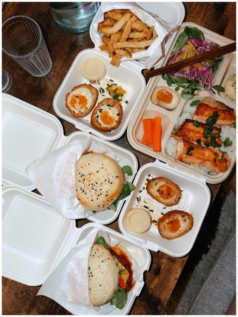 An overhead shot of a delicious takeout meal featu