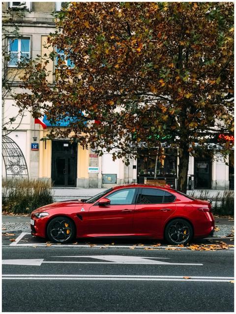 A sleek red sports car parked on a city street lin