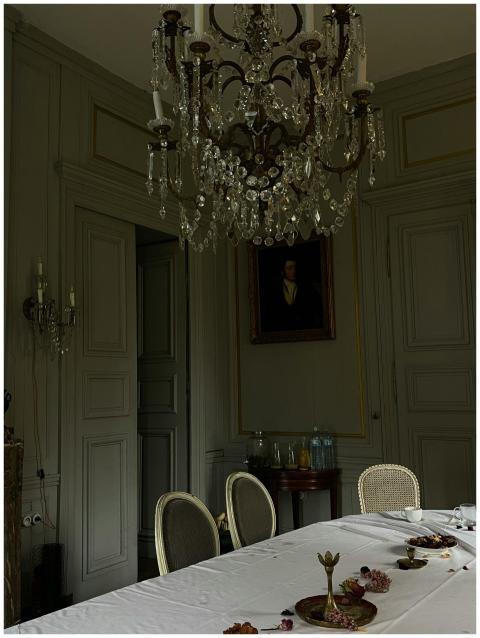 Luxurious dining room featuring a crystal chandeli
