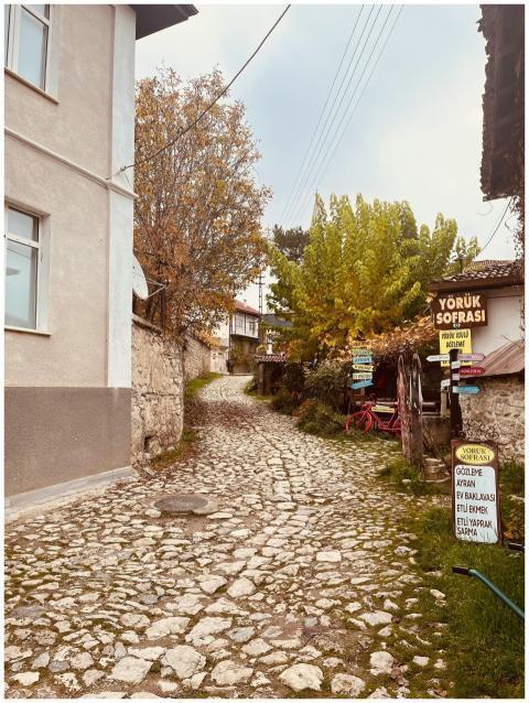 Charming cobblestone street in a rustic village wi