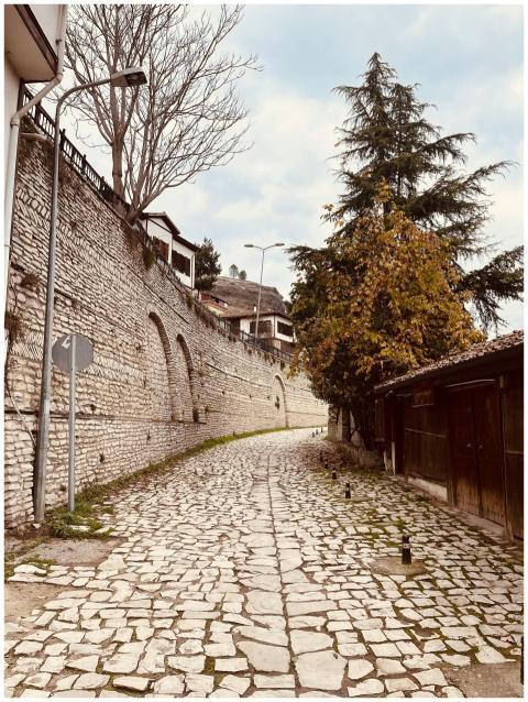 A picturesque cobblestone lane lined with stone wa