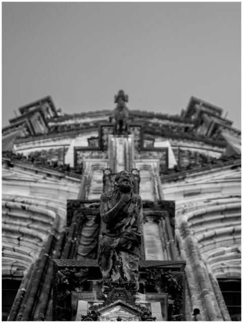 Striking black and white image of a gothic cathedr