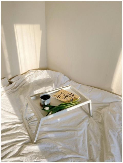 Minimalist scene of a breakfast tray with coffee,