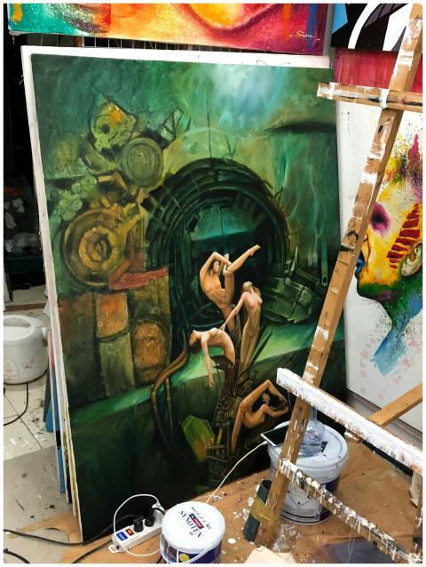 Colorful abstract surreal painting in studio with