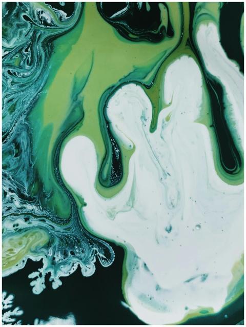 Dynamic abstract painting with green and white flu