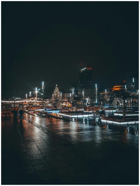 Nighttime view of a Christmas market in Katowice,