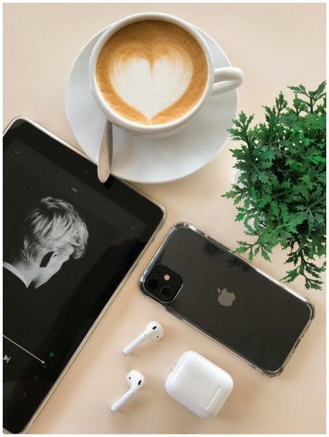 A stylish flat lay showcasing a coffee cup, gadget