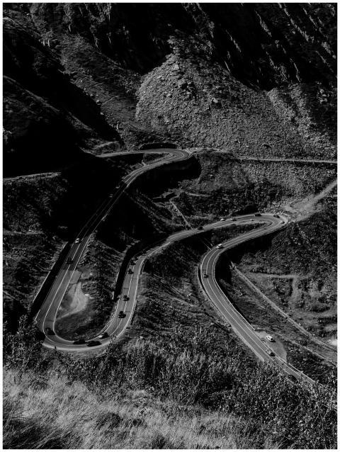 Black and white aerial shot of the winding Transfa