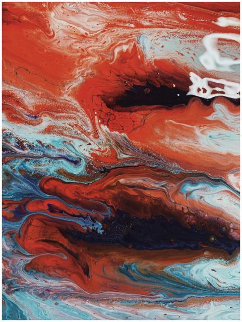 Dynamic abstract painting featuring vivid red and