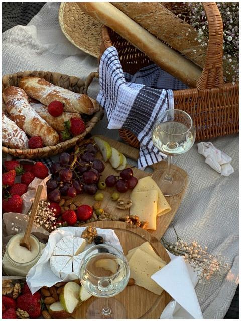 Lavish picnic setting with wine, cheese, fresh bre