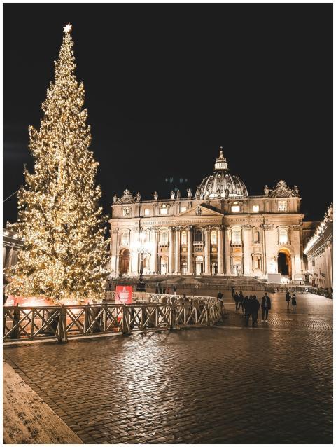 Illuminated St. Peter's Basilica and Christmas tre