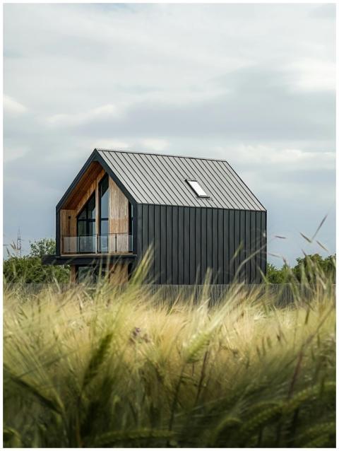Contemporary house with dark exterior in a grassy