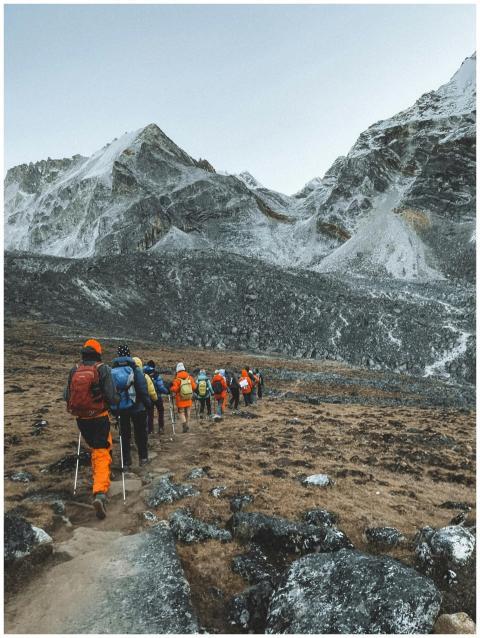 Group of trekkers hiking in Nepal's Himalayas with