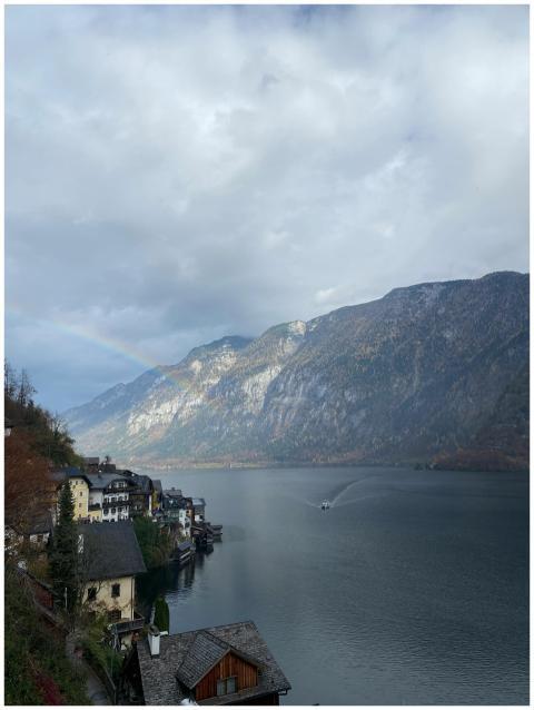 Picturesque Hallstatt village overlooking lake wit