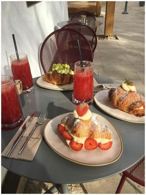 Delicious croissants and refreshing juice served a