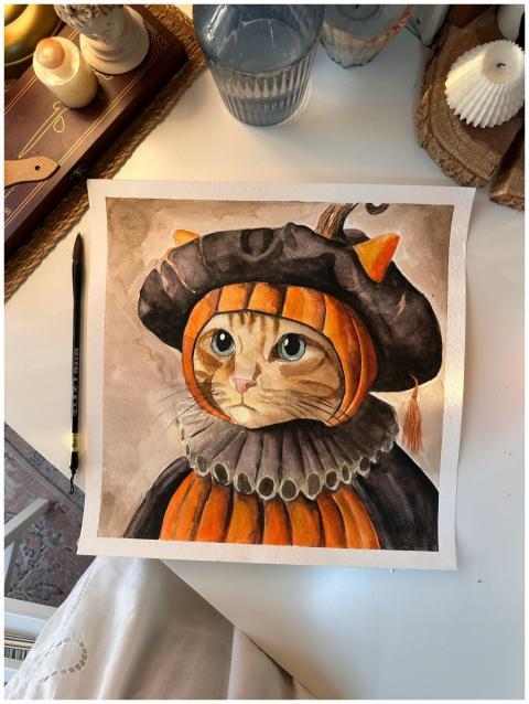 Charming watercolor painting of a cat dressed in a
