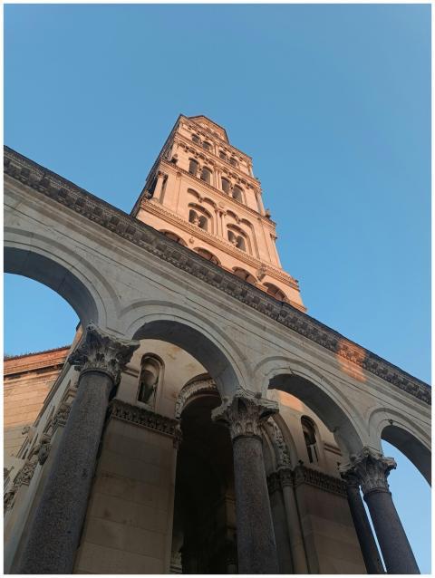 Close-up view of the iconic bell tower in Diocleti