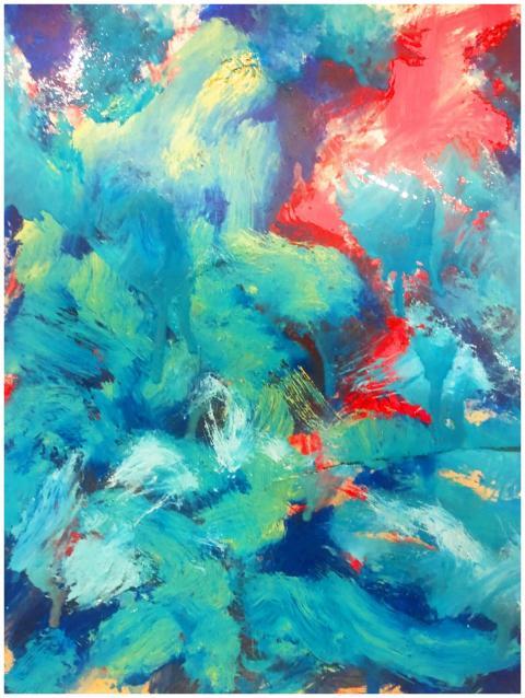 Dynamic abstract painting featuring vivid blues, r