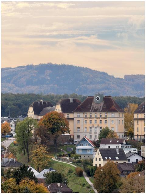 Scenic view of houses in Melk, Austria, with autum