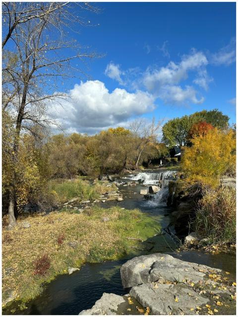 A peaceful waterfall amidst vibrant autumn foliage