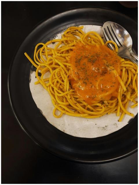Close-up of a spaghetti dish with tomato sauce and