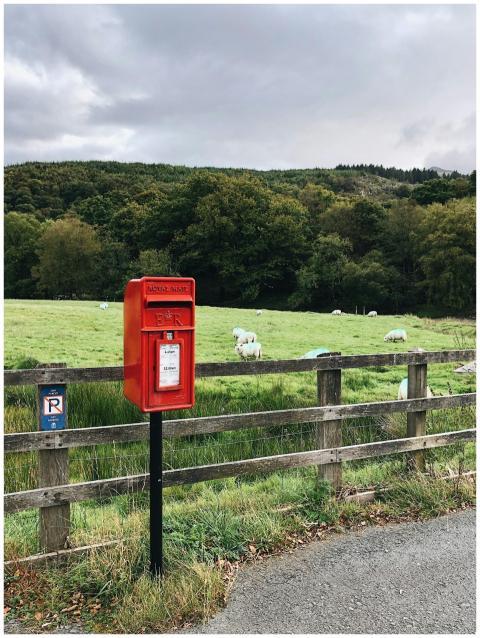 A vibrant red Royal Mail postbox set against a rur