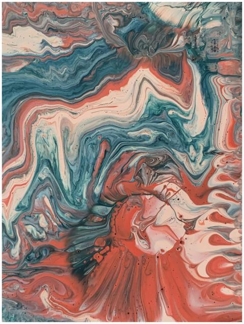 Dynamic abstract painting featuring vibrant flowin