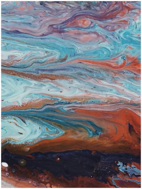 A vibrant abstract painting featuring swirling blu