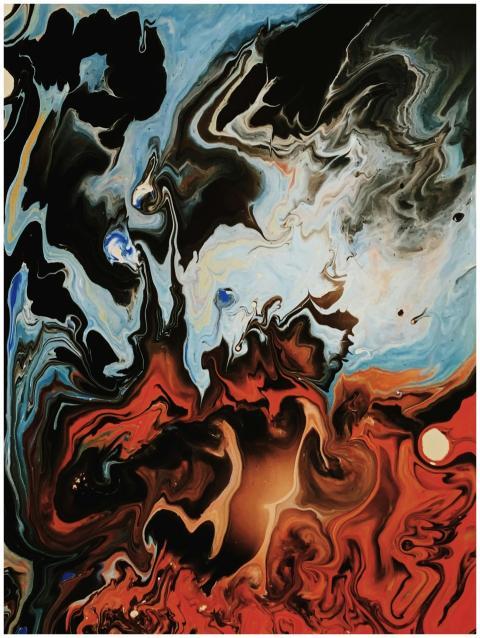 Dynamic abstract painting featuring vibrant swirli