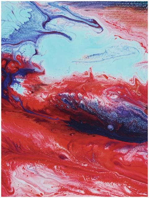 Dynamic abstract acrylic painting with vivid red a