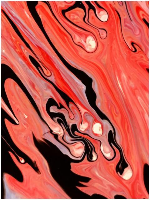 Dynamic abstract painting featuring vivid red and
